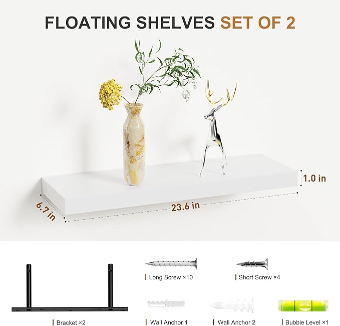 Bellsal Floating Shelves for Wall, White Engineered Wood Wall Shelf Set of 2, 24" Wall Mounted Floating Shelf for Kitchen, Living Room, Bedroom, Bathroom Storage, Book Shelf for Home Decor