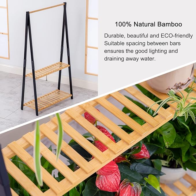 COPREE Bamboo 2-tier Hanging Plant Stand Planter Shelves Flower Pot Organizer Rack Multiple Flower Pot Display Holder Shelf Indoor Outdoor Heavy Duty Planter Shelving Unit