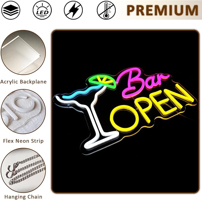 Bar Open Sign for Business, Neon Open Sign, USB Dimmable Cocktails Neon Lights for Beer Bar Coffee Cafe Home Pub Man Cave Stores Hotel Party Window Wall Decor Restaurant
