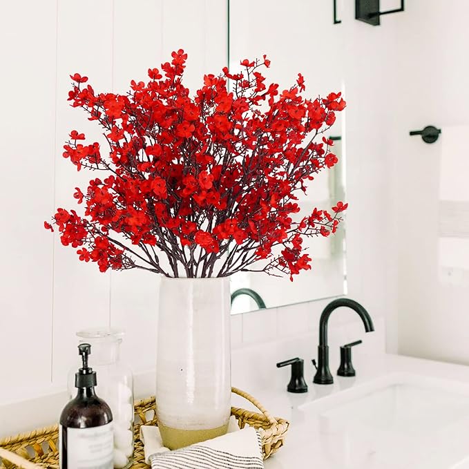 Uieke 30 Pcs Babys Breath Artificial Flowers Bulk Silk Red Faux Flowers Real Touch Gypsophila Bouquet for Christmas Halloween Home Wedding Decoration
