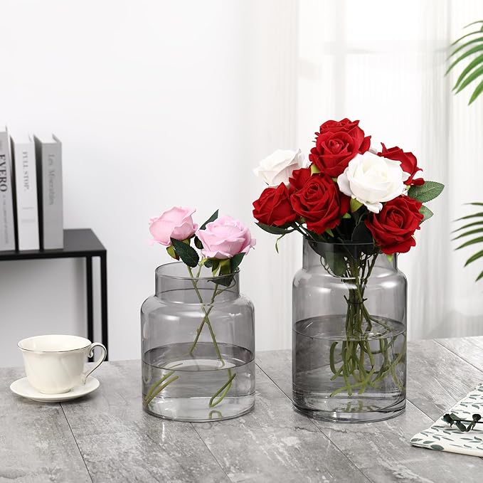 Large Glass Vase, Black Glass Vase Set of 2, Large Flower Vases for Bouquet, Tall Wide Mouth Vases for Flowers, Home, Wedding, Living Room, Office Decor, 7"+9"