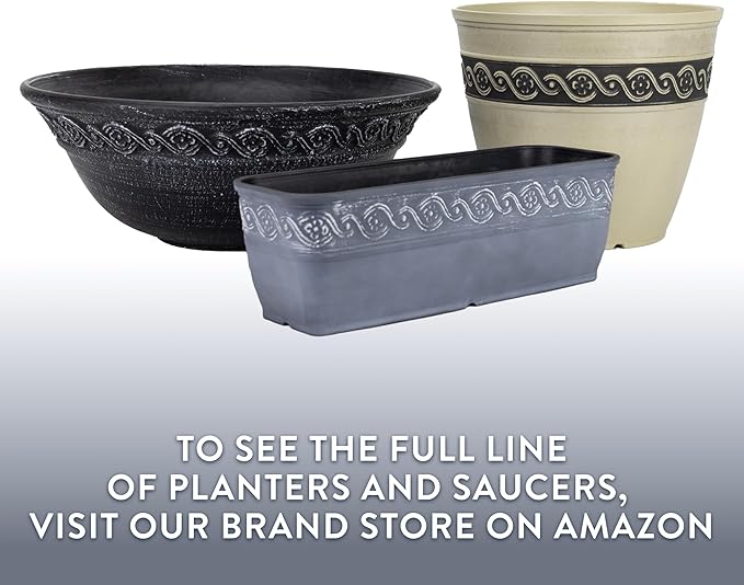 Classic Home and Garden Corinthian Shallow Planter with Drainage - Decorative Garden Bowl Planter for Succulents, Flowers, & More - UV Resistant Wide Plant Bowl for Indoors/Outdoors (12” Ivory Ash)