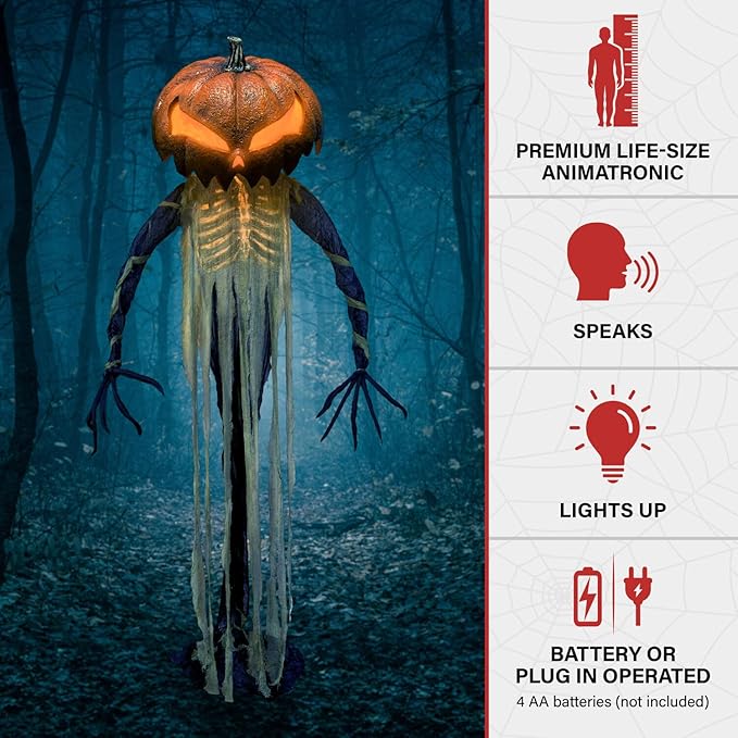 Haunted Hill Farm Pumpkin Sentinel by Tekky, Battery-Operated, Motion and Sound Activated Animatronic with Sound Effects and Lights for Indoor or Covered Outdoor Creepy Halloween Decoration