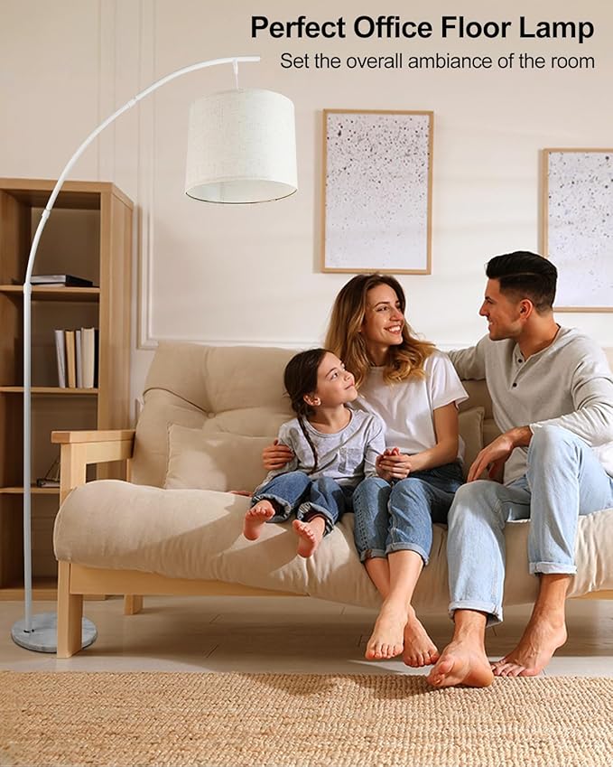 Lightdot Arc Floor Lamps for Living Room, Modern Standing Lamp with Hanging Drum Shade, Tall Standing Floor Lamp with Foot Switch, Over Couch Arched Reading Light for Bedroom, Office (White)
