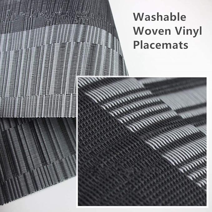 Placemats with Table Runner Set Place Mats, Woven Crossweave Vinyl Kitchen Tablemat, Washable PVC Table Mats for Dining Table, Parties, Farmhouse, Thanksgiving, Christmas & Gathering (Silver & Black)