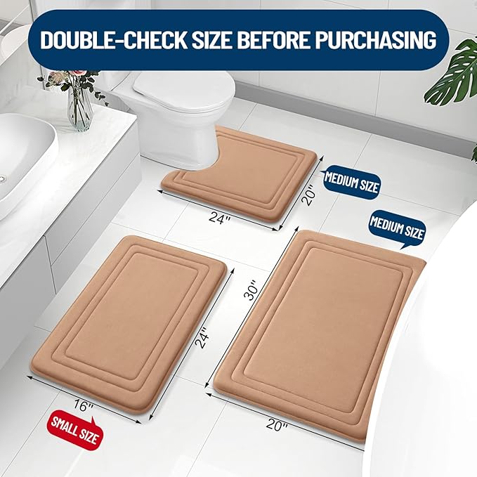 Grandaily Memory Foam Bath Mat Rug 30x20, Ultra Soft, Non-Slip and Absorbent Bathroom Rugs, Machine Wash Dry, Comfortable Bath Carpet for Bathroom Floor, Tub and Shower, Dark Beige