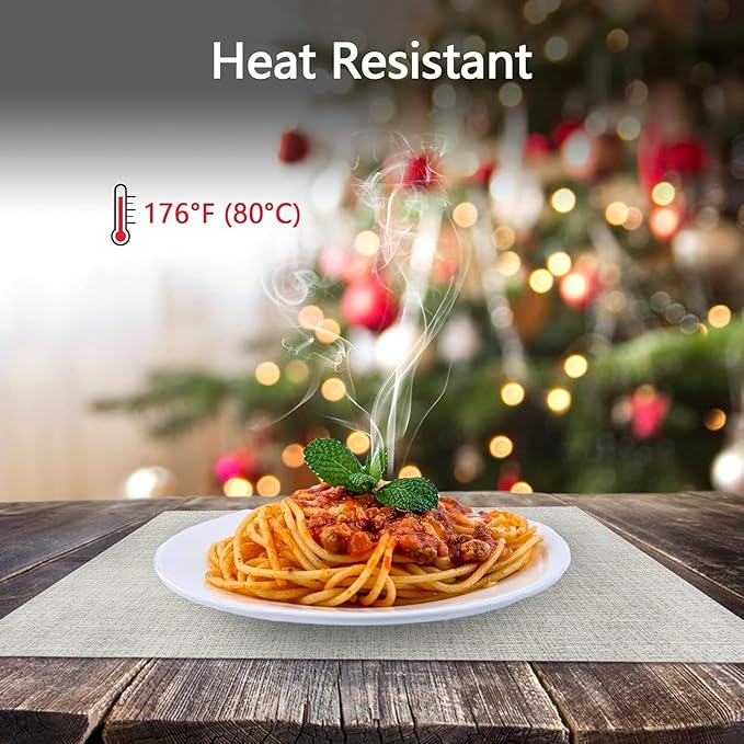 DACHUI Placemats Set of 6, Linen Look Woven Place Mats, Water Resistant, Heat Resistant, Washable, Durable Table Mats (Beige White)