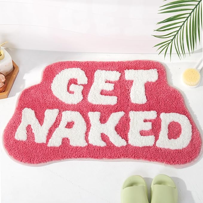 Irregular Shaped Get Naked Bath Mat Hot Pink - Fun Bath mat, Small Preppy Bathroom Decor, Funny Aesthetic Bathroom Rugs for Apartmen Decor, Non-Slip Hot Pink Bath Rugs for Girls 31" x 18"