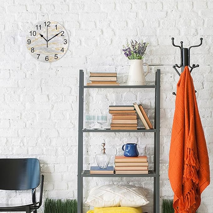 Gold White Marble Wall Clock Non Ticking Silent Kitchen Clock Large Battery Operated Clocks 10 inch for Living Room Bedroom Decor