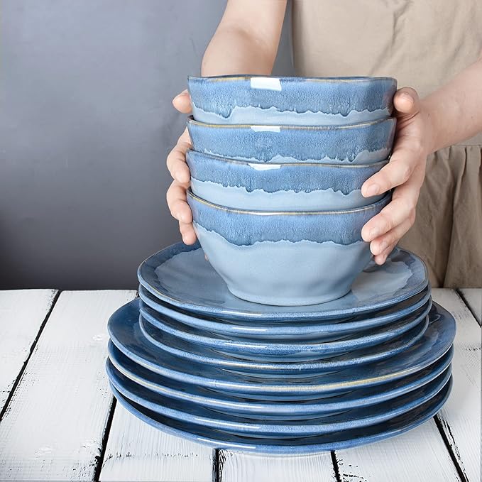 Bosmarlin Stoneware Dinnerware Set, Ceramic Bowls and Plates Set, Service for 4, 12 Piece, Microwave and Dishwasher Safe, Reactive Glaze (Light blue)