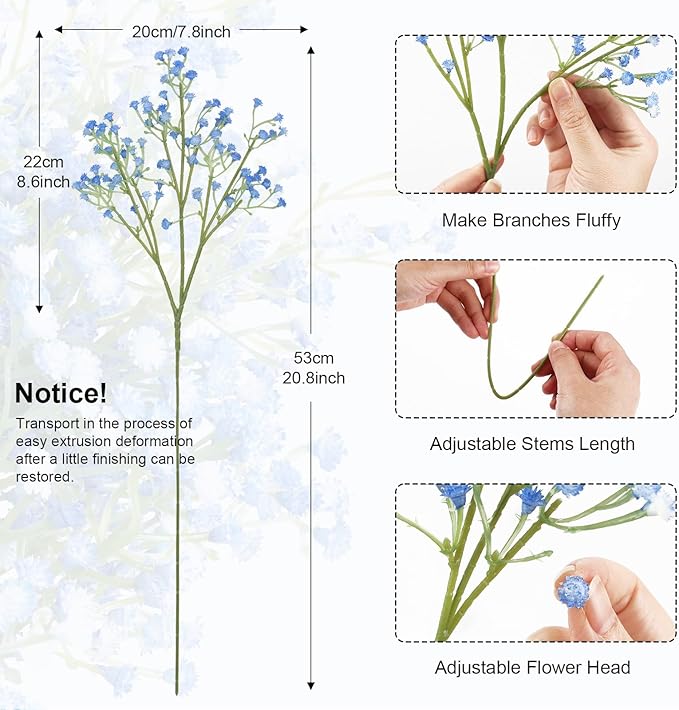 N&T NIETING Babys Breath Artificial Flowers Bulk, 10Pcs Blue Fake Gypsophila Bouquet Flowers Real Touch Faux Babies Breath Arrangement for Wedding Floral Party Home Centerpieces Vase Decoration, Blue
