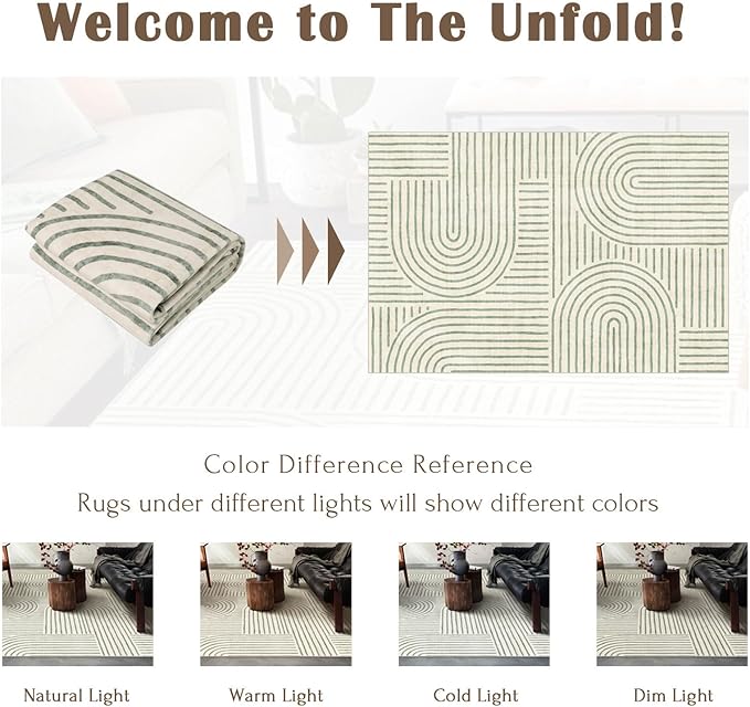 Washable 4x6 Area Rug - Boho Living Room Rug Stain Resistant Soft Modern Rugs for Bedroom Ultra-Thin Sage Green Abstract Rainbow Dining Room Rugs Indoor Carpet for Living Room Nursery Room