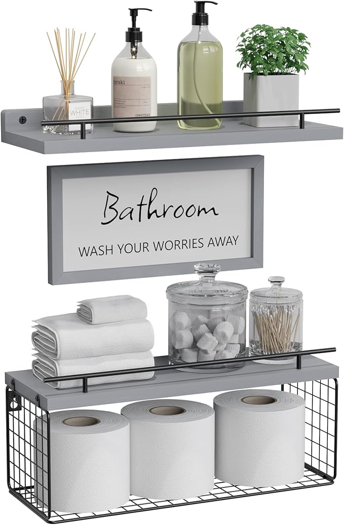 WOPITUES Floating Shelves for Bathroom Wall Decor Sign, Bathroom Organizers and Storage, Bathroom Shelves Over Toilet with Metal Guardrail-Modern Grey