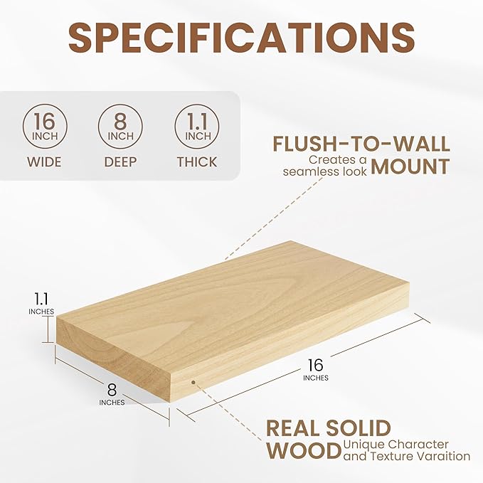 Floating Shelves for Wall, Real Wood Floating Shelf Set of 2, 8 Inch Deep Floating Shelves, Rustic Wood Wall Shelf for Home Decor, Deep Storage Shelves for Bathroom, Kitchen, 16"W x 8"D, Natural Color