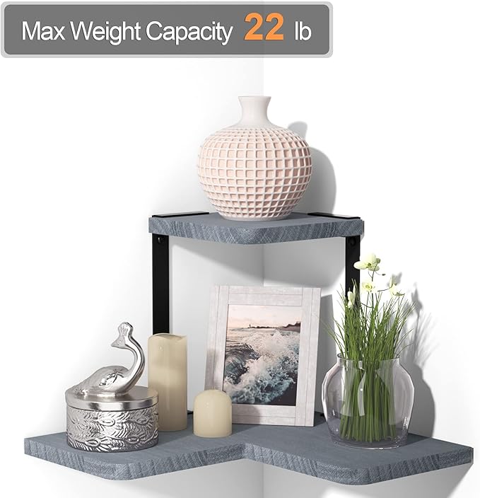 SRIWATANA Rustic Corner Shelf, 2-Tier Wood Wall Shelf, Wall Mounted Storage Shelves for Bedroom, Living Room, Bathroom, Weathered Grey
