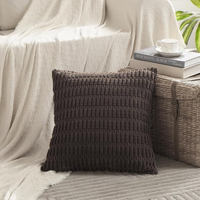 Fancy Homi 4 Packs Boho Dark Brown Decorative Throw Pillow Covers 24x24 Inch for Living Room Couch Bed Sofa, Rustic Modern Farmhouse Home Decor, Soft Plush Corduroy Cute Square Cushion Case 60x60 cm