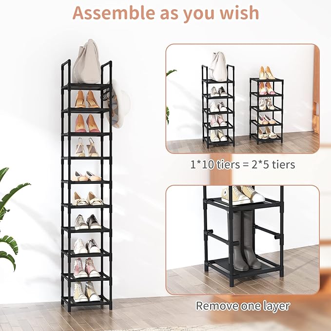 Tall Narrow Shoe Rack for Entryway, 10-Tier Sturdy Metal Shoe Shelf Storage 10-15 Pairs of Shoes and Boots, Space Saving Corner Shoe Rack Organizer for Closet,Doorway,Garage,Living Room