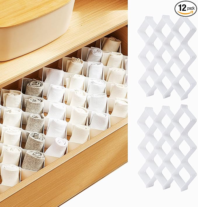 ROUFA Sock Drawer Organizer for Dresser, Honeycomb Underwear Dividers for Women, Panty Separator for Bras, Socks, Belt and Leggings (12pcs.White)