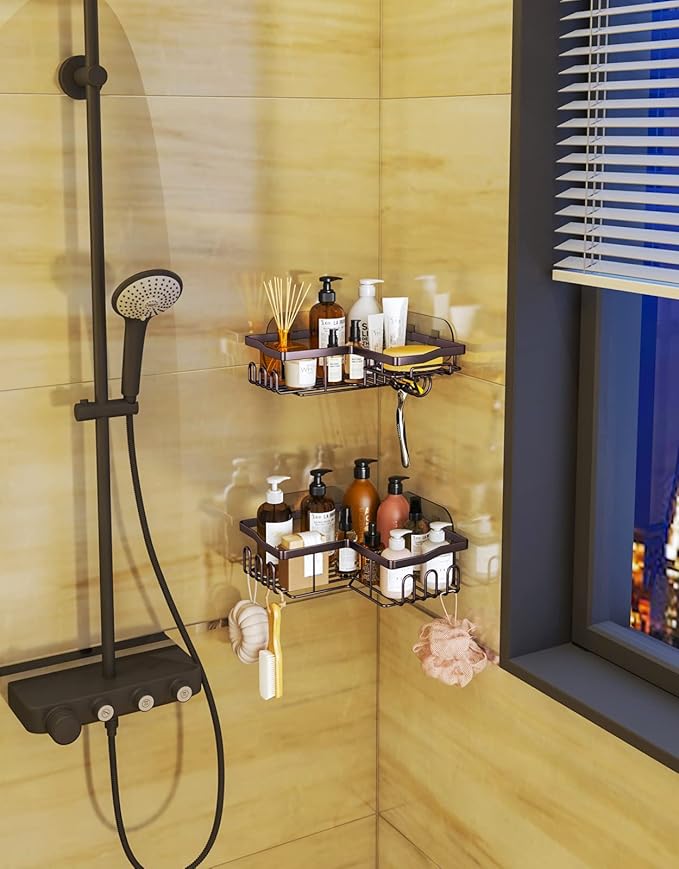 SWTYMIKI Stainless Steel Corner Shower Caddy, Shower Storage Basket Shelves with 11 Hooks, 2-Pack Shower Organizers Built-in Soap Holder No Drilling Shower Racks for Bathroom, Bronze