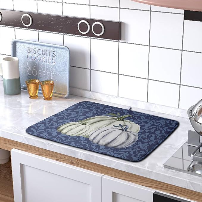 Autumn Dish Drying Mat Fall Navy Blue White Pumpkin Dish Pad for Kitchen Counter 18x24 Microfiber Absorbent Thanksgiving Dish Draining Mat Reusable Washable Dish Drainer Rack Mat