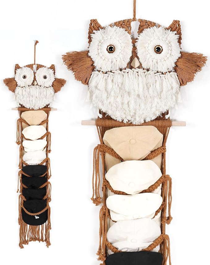 AceList Large Owl Decor - Handcrafted Macrame Hat Hangers for Wall and Door - Stylish Hat Organizer for Baseball Caps, Macrame Wall Hanging for Bedroom, Living Room, Kitchen Decor