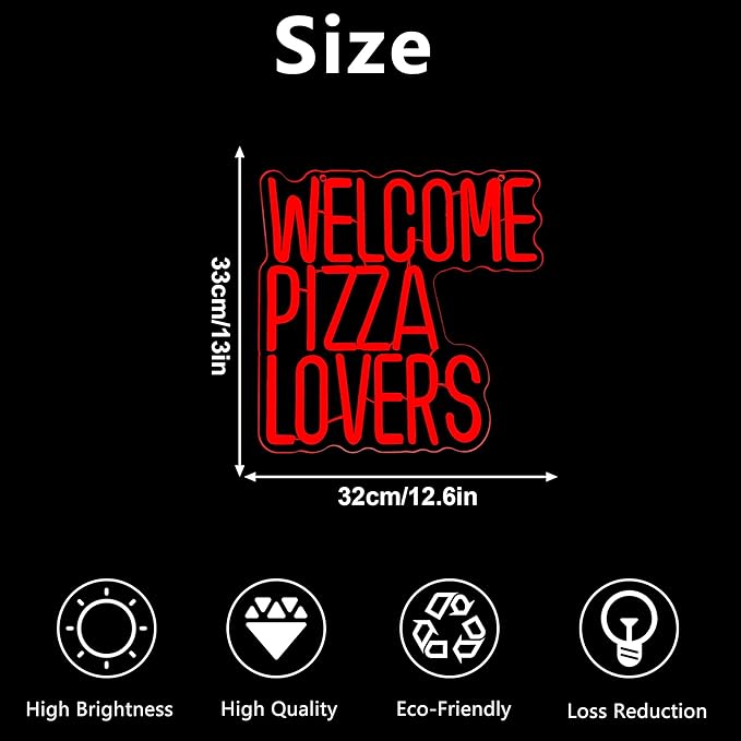 Welcome Pizza Lovers Neon Light, Red Dimmable LED Personalized Pizza Lovers Neon Sign, Family Restaurant Entertainment Room Food Theme Party Wall Neon Sign Decoration, Ideal Holiday Gift For Pizza Lovers, Children, Family (12.9*12.5in)
