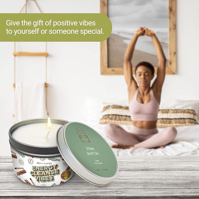 Magnificent 101 Long Lasting Energy Cleanse Vibes Candle | 6 Oz - 35 Hour Burn | All Natural Soy Wax Candle with Essential Oils for House Energy Cleansing & Manifestation | Let The Good Vibes in