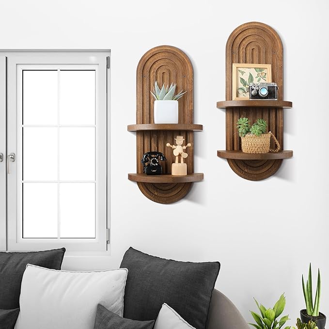 Wenqik 2 Pcs Boho Wall Shelf Rainbow Arch Wooden Floating Shelf Mid Century Bohemian Hanging Holder Double Vintage Wall Mount Altar Decor for Nursery Bedroom 15.75 x 6.69 Inches(Brown)