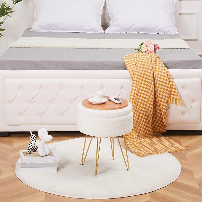 Cplxroc Footrest Footstools Round Faux Fur Ottoman with Storage Space Soft Vanity Chair Seat Coffee Table Ottoman Small Side Table Metal Legs with Adjustable Footings (Cream)
