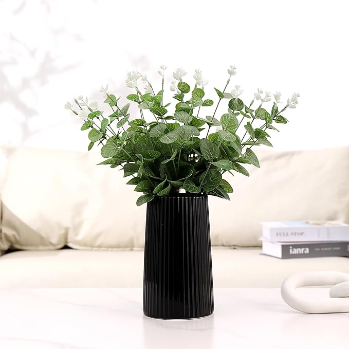 Black Ceramic Vase for Flowers, Large Modern Black Vase for Home Decor, Decorative Vase for Living Room, Office, Mantel, Shelf, Dining Table, 8 inches