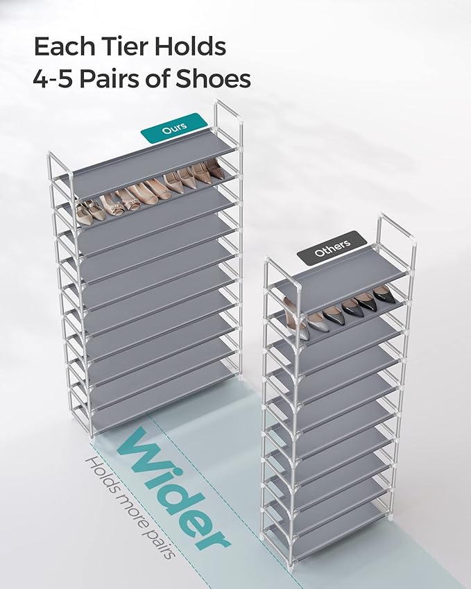 SONGMICS 10-Tier Shoe Rack, Shoe Storage for Hallway Closet, Slim and Space-Saving, Metal Frame, Non-Woven Fabric Shelves, Grey ULSR10G