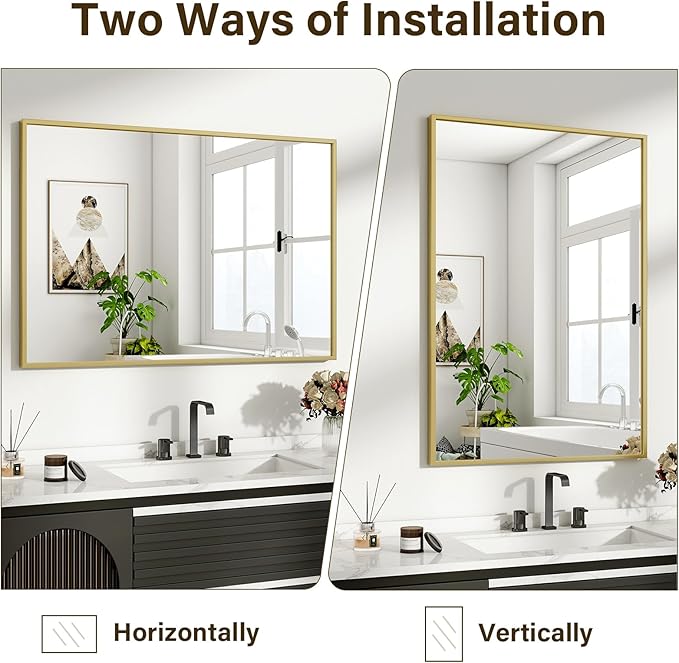 HARRITPURE 24"x32" Framed Bathroom Mirror for Wall Rectangle Mirror Aluminum Alloy Frame Wall-Mounted for Farmhouse Entryway Bedroom Living Room Gold