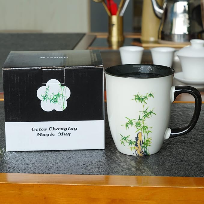 Funny Ceramic Magic Heat Color Changing Coffee Mug with Bamboo Printing for Women Personalized White Green Tea Cup Large Mugs for Mom,Girl, Grandma and man 16 oz
