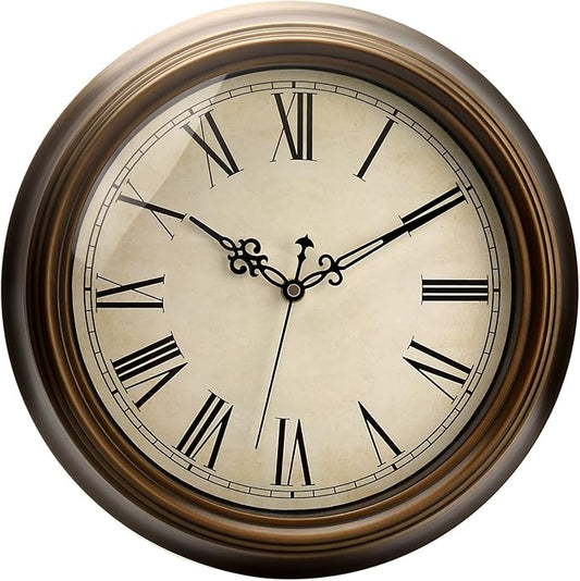 Plumeet Small Metal Wall Clock, 10'' Non Ticking Classic Retro Silent Iron Clocks Decorative Kitchen Living Room Bedroom, Roman Numerals, Battery Operated