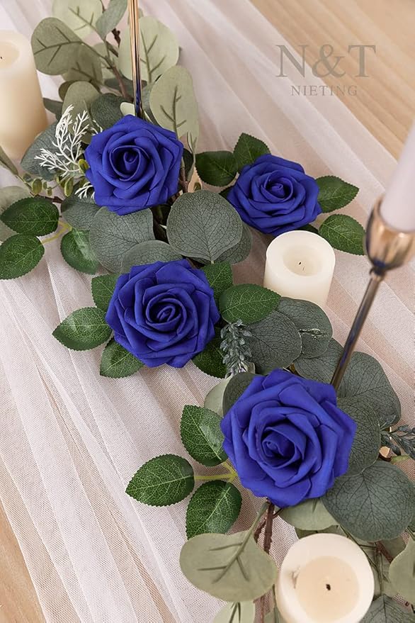 N&T NIETING Artificial Flowers, Royal Blue Fake Flowers Roses with Stems for DIY Wedding Bridal Bouquets Centerpieces Bridal Shower Party Home Flower Arrangement Decorations, 25Pcs