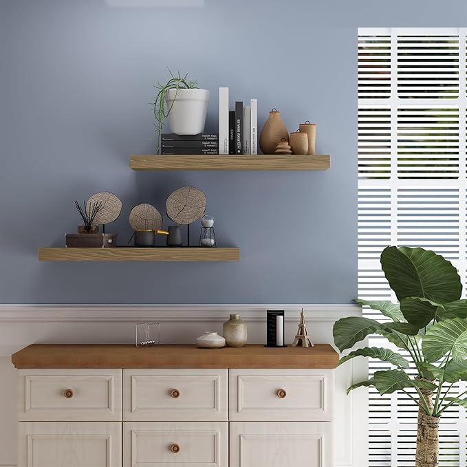 Floating Shelves for Wall - 17 Inch Natural Wood Shelves for Bathroom, Bedroom, Kitchen Decor, Farmhouse Decor Set of 2