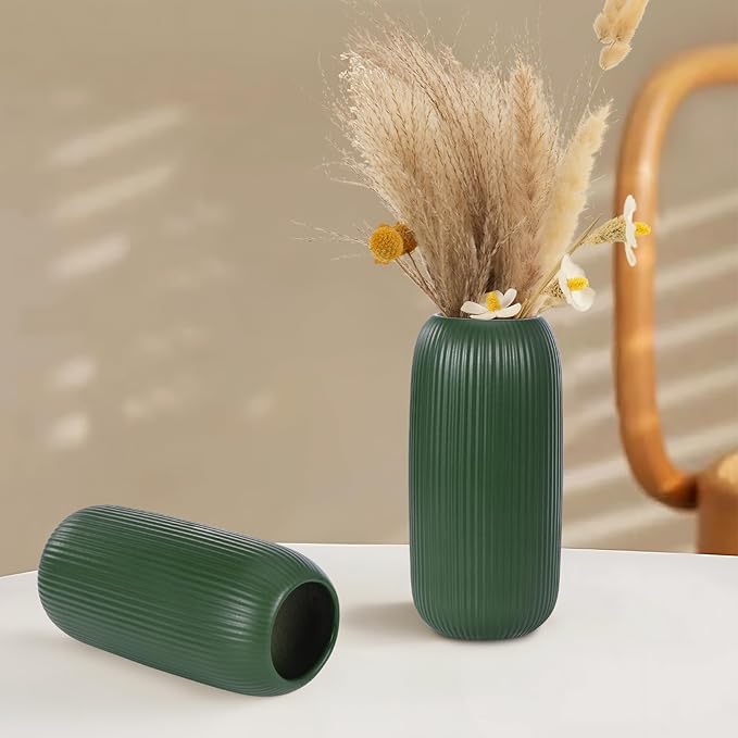 Green Ceramic Vase for Flowers, 8 INCH Modern Small Ribbed Textured Green Flower Vase for Home Decor, Pampas Grass, Decorative, Farmhouse, Coffee Table, Bookshelf and Home Living