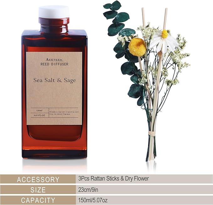 Reed Diffuser Set - Sea Salt & Sage Essential Oil, 5.07oz/150ml Seaweed Aroma Oils Scents with Dry Flower Decoration, Fragrance for Home Large Room Bathroom Office Shelf Decor