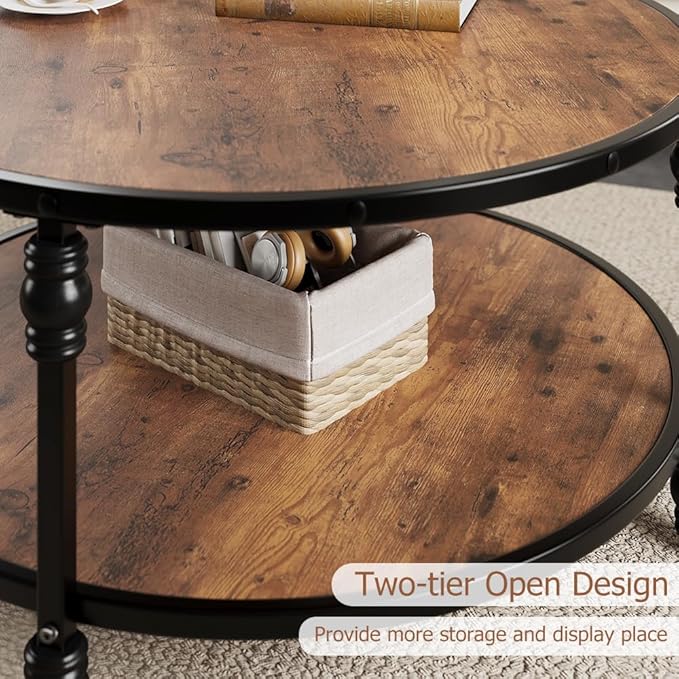 IDEALHOUSE Round Coffee Table for Living Room Rustic Center Table with Storage Shelf Wood Circle Coffee Table with Sturdy Metal Legs, Easy Assembly