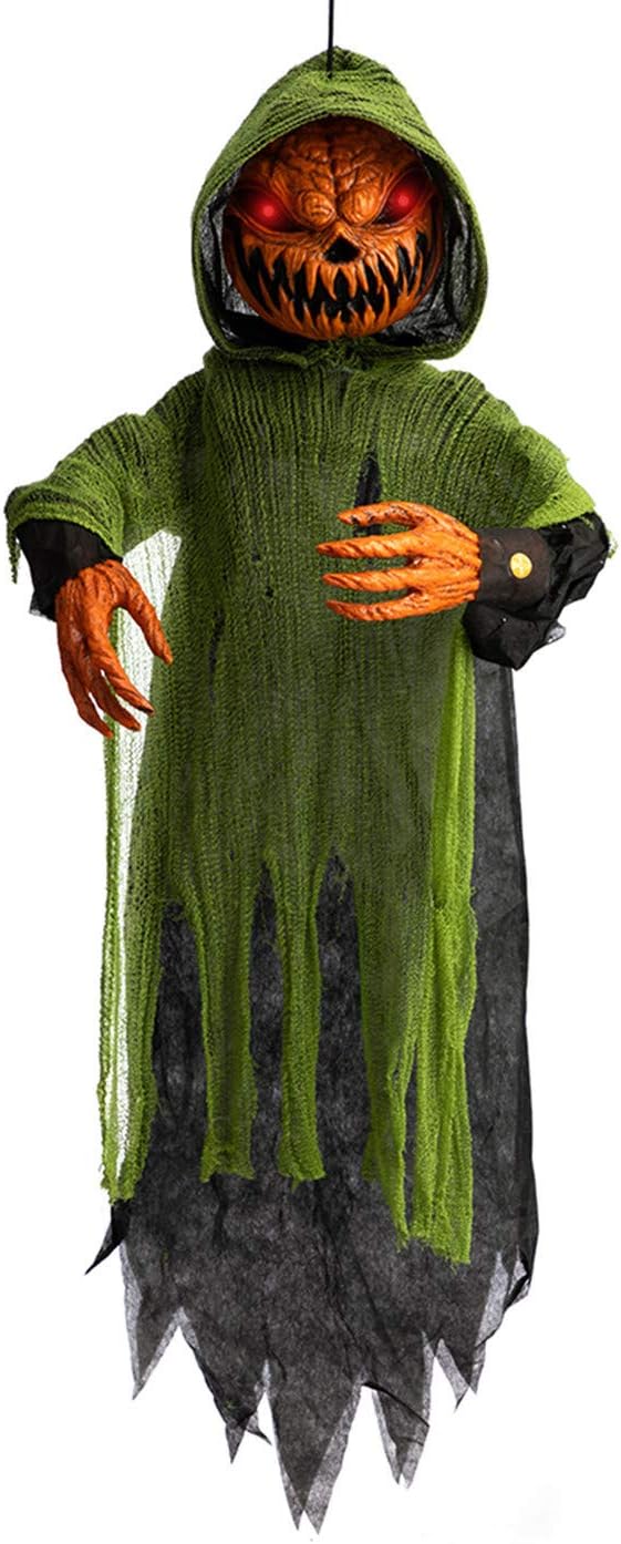 HollyHOME Animated Hanging Jack-O'-Lantern with Glowing Head and Creepy Sound Halloween Decorations Outdoor Haunted House Prop Decor 48 Inch