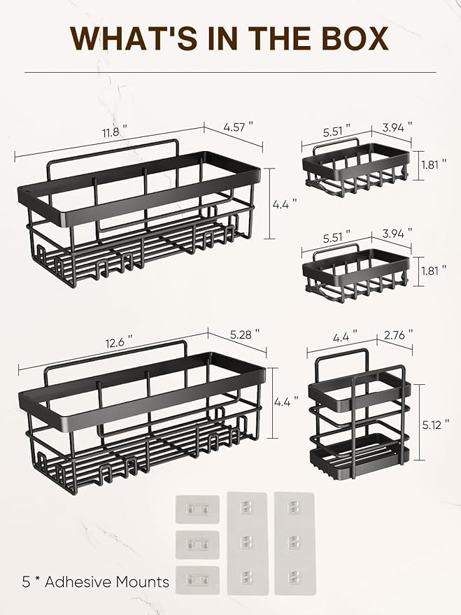 Cobbe Adhesive Shower Caddy 5-Pack, Large Wall Mounted Shower Shelves Rack, Organizer Storage Accessories with Soap Dish&Toothbrush Holder, Shelves for Bathroom Storage & Home Kitchen Decor, Black
