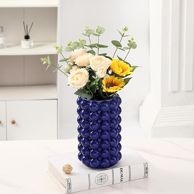 Bubble Vase, Blue Ceramic Vase, Short Vase, Ceramic Flower Vase, Modern Vase, Decorative Vase for Decor, Tall Bubble Vase for Living Room, Wedding, Entryway, Mantel, Office, 8.5 Inches
