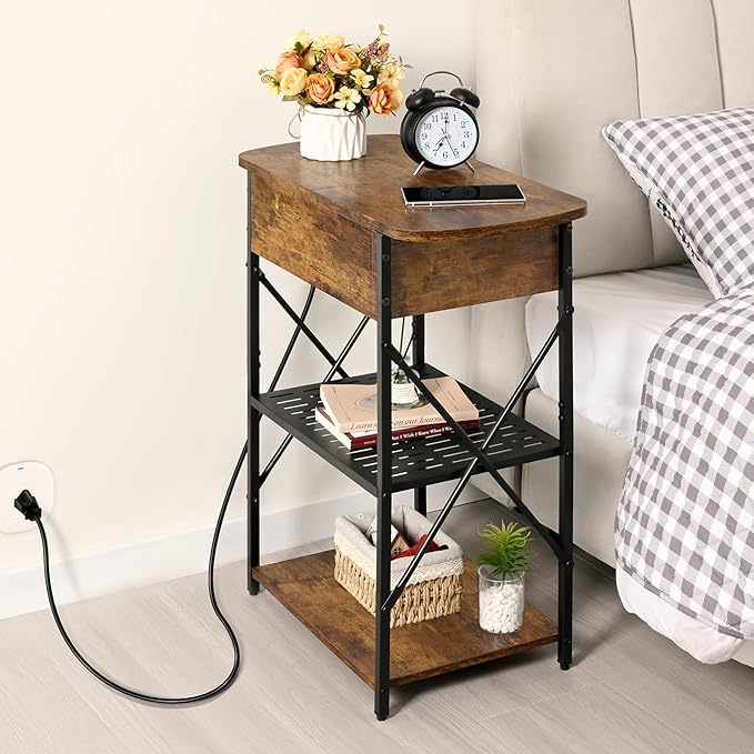 Narrow End Table with Charging Station, Side Table with 3 USB Ports and 2 AC Outlets, Flip Top End Table with Storage, Nightstand with Drawer, Side Tables Living Room, Bedroom, Brown