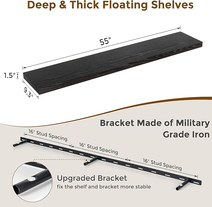 55 Inch Black Floating Shelves, 9.3 Inch Deep Wall Mounted Floating Shelf, 55 x 9.3 Large Storage Wall Shelf for Living Room, Floating TV Stand, Farmhouse Rustic 55" Long Fireplace Mantel