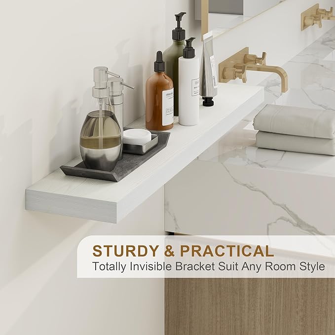 Fun Memories Floating Shelves for Wall, 48Inch Floating Shelves Set of 2, Hanging Shelf with Invisible Brackets, Wood Shelves for Living Room, Bedroom, Kitchen, White