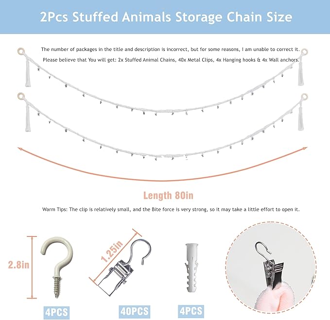 80" Cotton Hanging Storage Chain For Stuffed Animals Storage with 20 Metal Clips Stuffed Animal Display Holder Chain for Wall or Corner Nursery Play Room