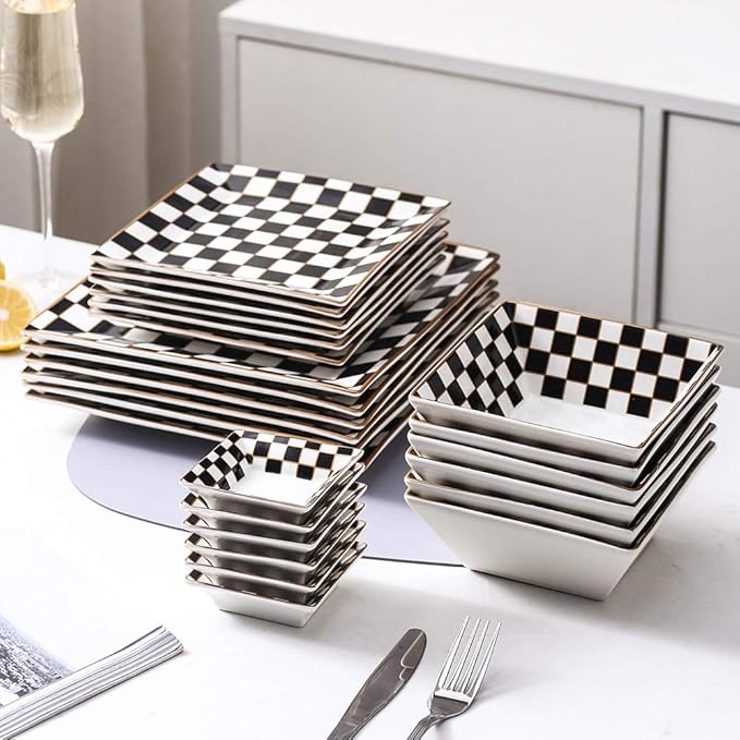 Porlien Checker Porcelain Square Dinnerware Set for 4, Dishes Set for 4 with 3.3-inch Dipping Saucers, Black and White Plates and Bowls Set