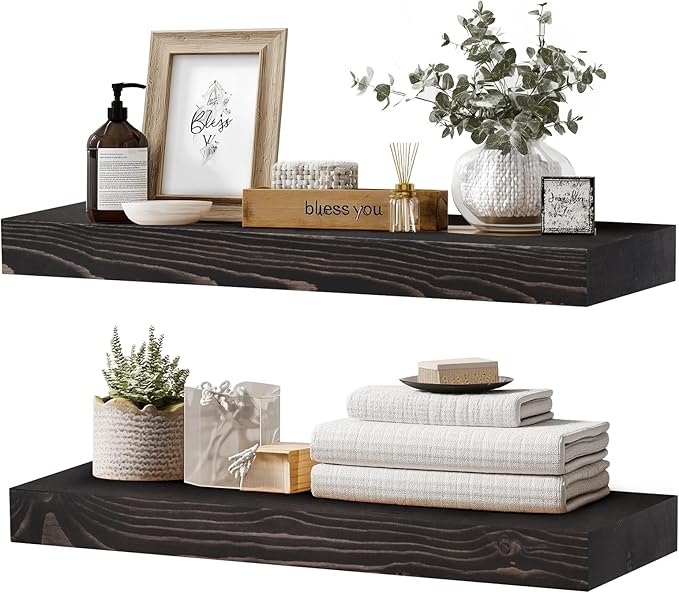 24x8x1.6 inch Floating Shelves Set of 2 – Solid Wood Rustic Black Wall Mounted Shelf for Kitchen, Bathroom, Living Room