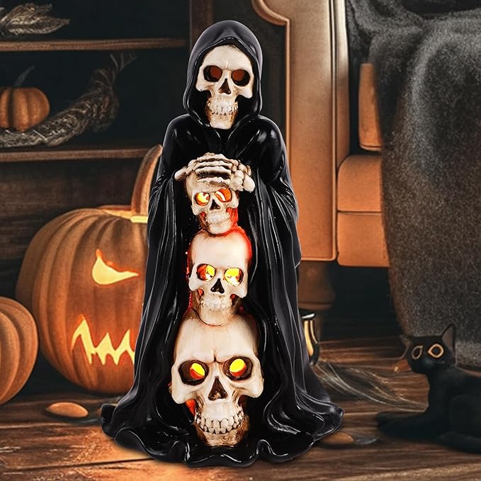 Grim Reaper Skull Halloween Decor - Solar - Powered Resin Statue, Unique Skeleton Head & Skulls Garden Decor, Ideal Spooky Gift