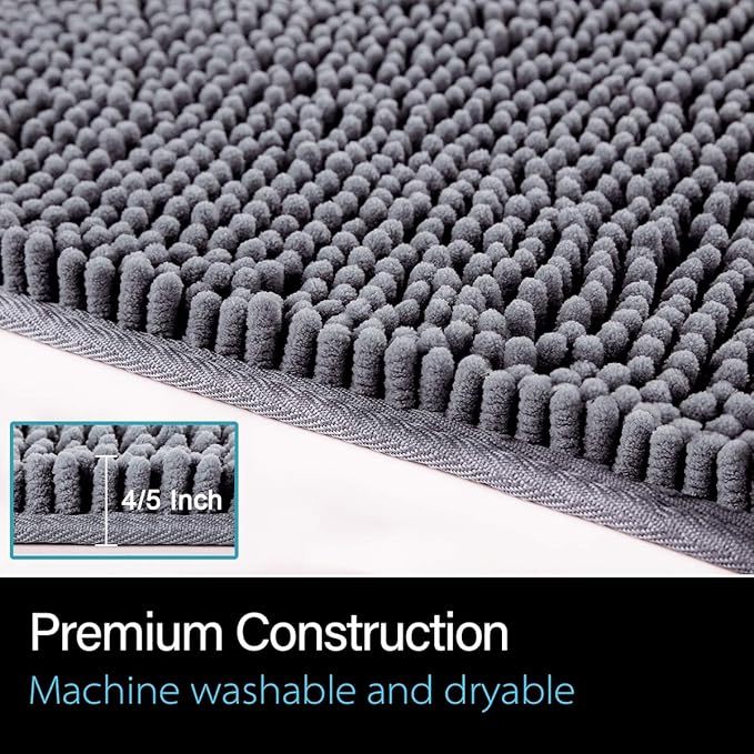 LOCHAS Luxury Bathroom Rug Shaggy Bath Mat 20 x 30 Inch, Washable Non Slip Bath Rugs for Bathroom Shower, Soft Plush Chenille Absorbent Carpets Mats, Gray